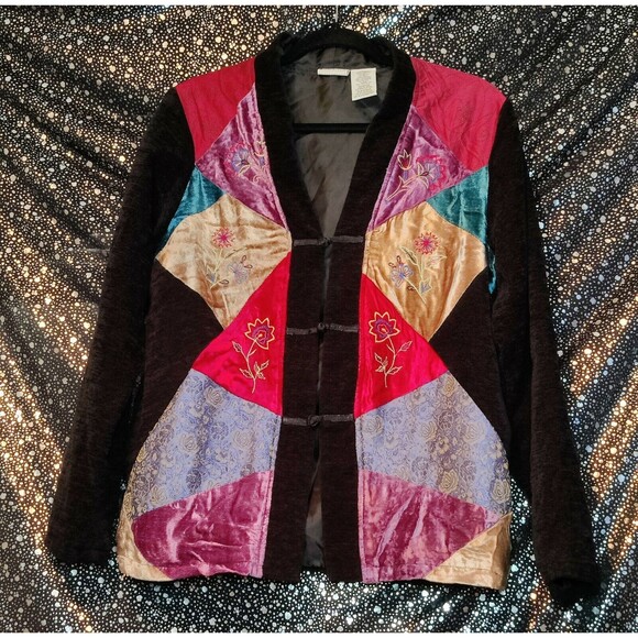 White Stag Womens Floral Embroidered Velvet‎ Jacket Beaded Button Up Black S 4/6 - Picture 3 of 9